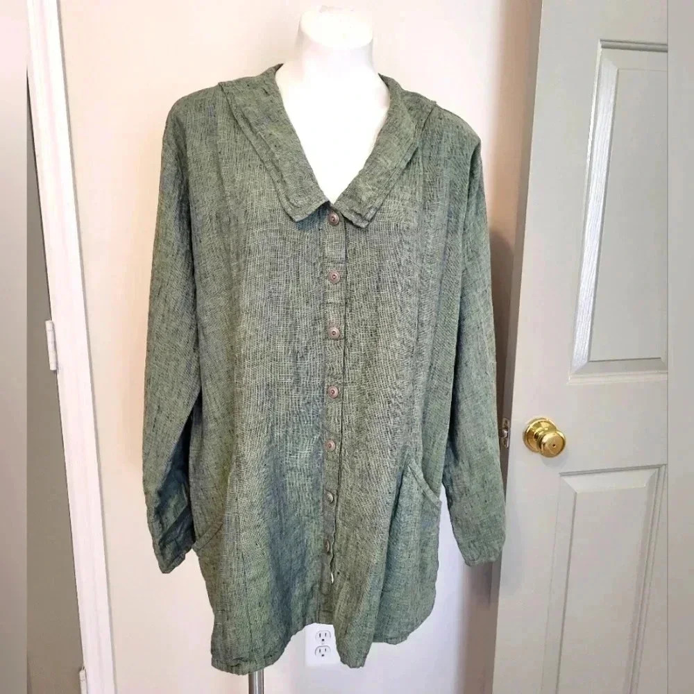 Flax Olive Green Linen Button-Up Jacket